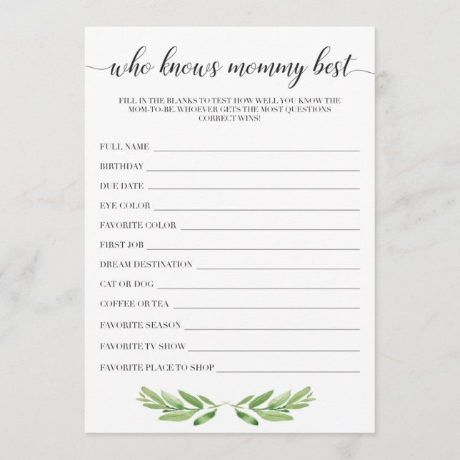 Wer die Mama Best Baby Shower Game Cards kennt (Vorderseite)