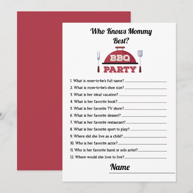 Wer die Mama Best GRILLEN Baby Shower Game Card ke Einladung (Vorne/Hinten)