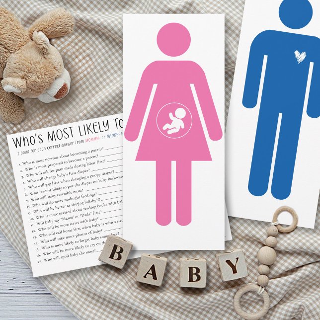 Wer ist am Wahrscheinlichsten Baby Shower Spiel Ma Einladung (Funny Who's Most Likely To mommy-to-be fun couples shower game pink female stick figure answer card)