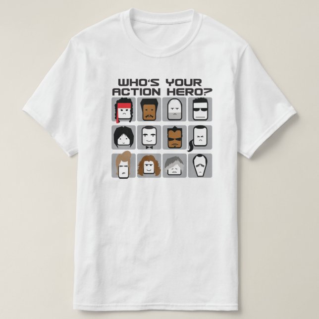 Wer ist dein Action-Held? Funny Cartoon T-Shirt (Design vorne)