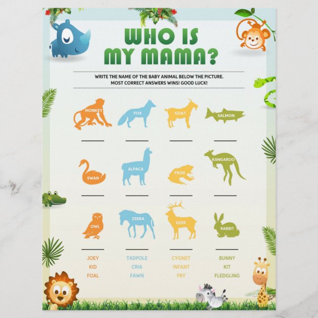 Wer ist mein Mama Baby Shower Game [Tierthema] Briefbogen (Vorderseite)
