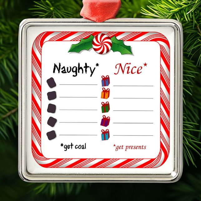 Wer ist verrückt oder nett? ornament aus metall (Who's Naughty or Nice Silver Ornament, Fill in the blanks. Are they naughty or nice? )