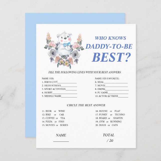 Wer kennt Daddy best Blue Baby Shower Game? (Vorne/Hinten)