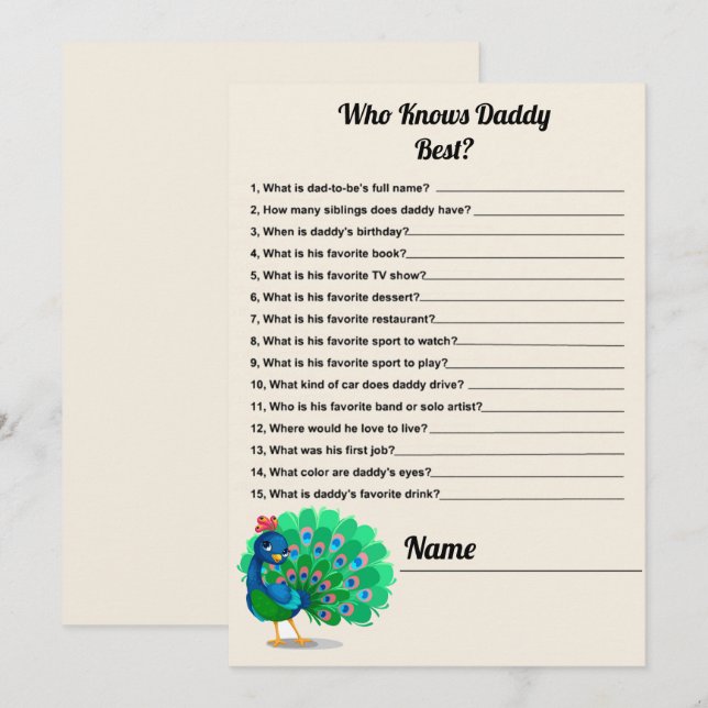Wer kennt Daddy Best Peacock Baby Shower Game Card Einladung (Vorne/Hinten)