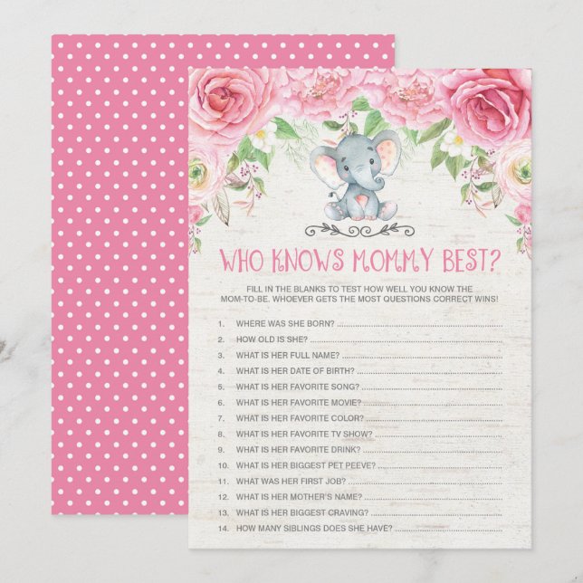 Wer kennt das Mama Best Elephant Baby Shower Game? Einladung (Vorne/Hinten)