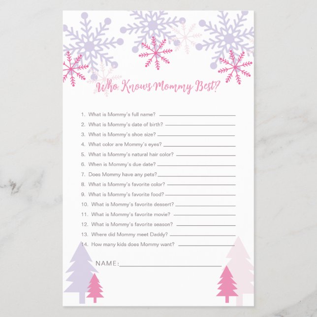Wer kennt das Mama Best Snowflake Baby Shower Game Flyer (Vorne)