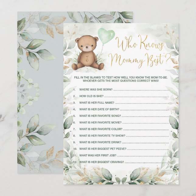 Wer kennt das Mama Best Teddy Bear Baby Shower Gam Einladung (Vorne/Hinten)