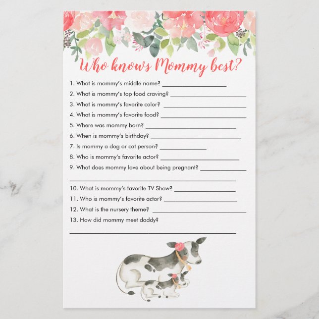 Wer kennt das Mommy Best Cow Farm Baby Shower Game (Vorderseite)
