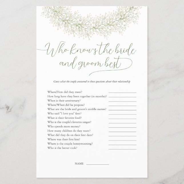 Wer kennt die Braut und Groom besten Bridal-Spiel Flyer (Vorne)