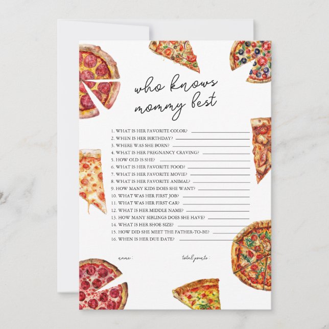 Wer kennt die Mama Best Pizza Baby Shower Game Car Einladung (Vorderseite)