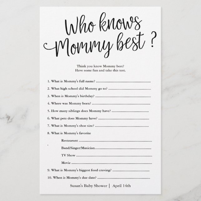 Wer kennt die Mama Best Shower Paper Game Card? Flyer (Vorne)