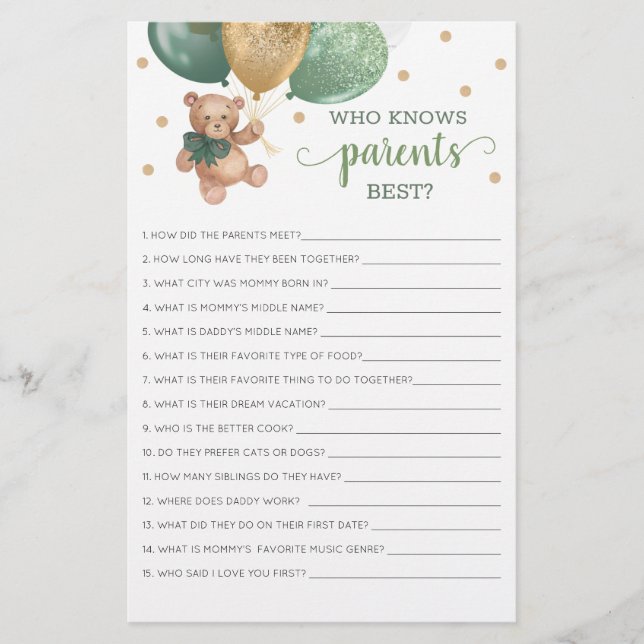 Wer kennt Eltern am besten Game Teddy Bär (Vorderseite)