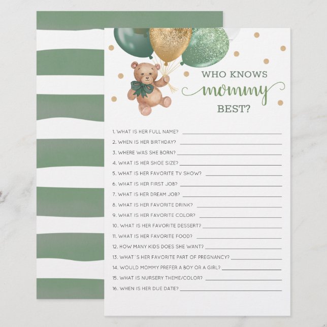 Wer kennt Mommy Best Game Baby Shower Teddy Bear (Vorne/Hinten)