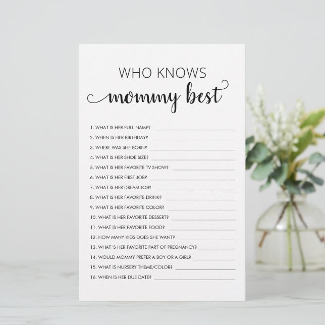 Wer kennt Mommy Best? Individuelles Baby-Duschspie (Stehend Vorderseite)