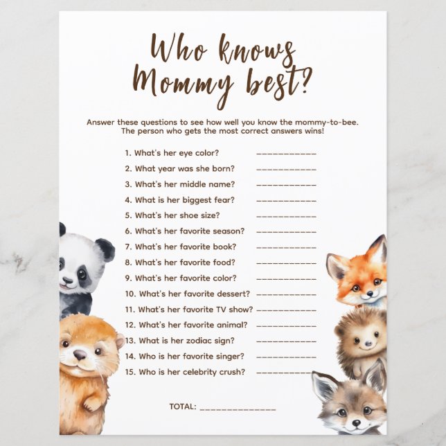 Wer kennt Mommy Woodland Animals Baby Showspiel (Vorderseite)