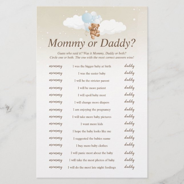 Wer sagte es Blue Teddy Bear Baby Duschgel Spiel Flyer (Vorne)