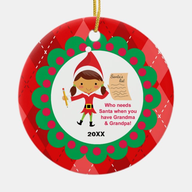 Wer Santa Grandma & Opa Elf Ornament braucht (Vorne)