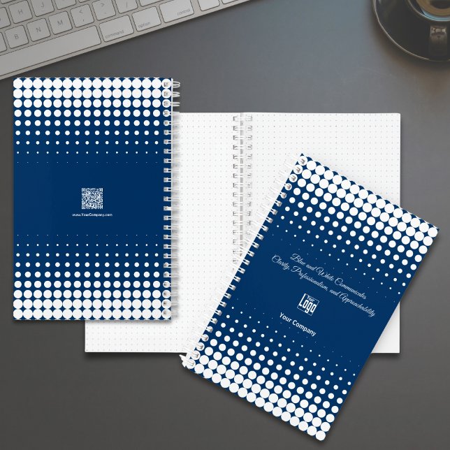 Werbemittel Halbwertszeit Blauer Weißer Kleinbetri Notizbuch (Promotional Half Tone Blue White Small Business Notebook with Logo, Tagline, QR code)