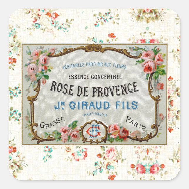 Werbung für antike französische Rose Quadratischer Aufkleber (Vorderseite)