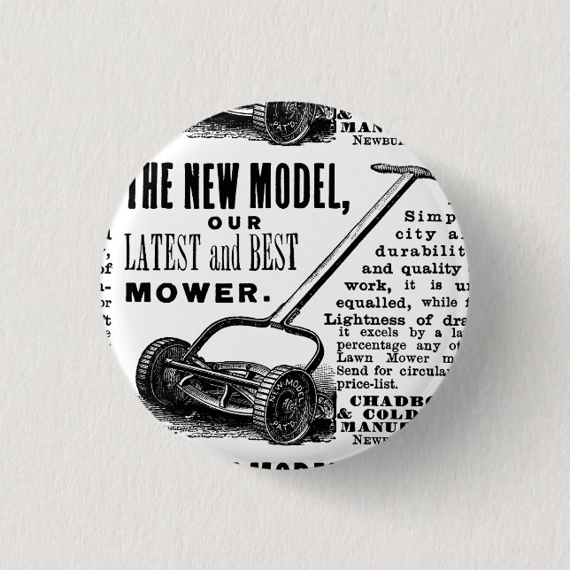 Werbung für den Vintagen Rasenmäher Button (Vorderseite)
