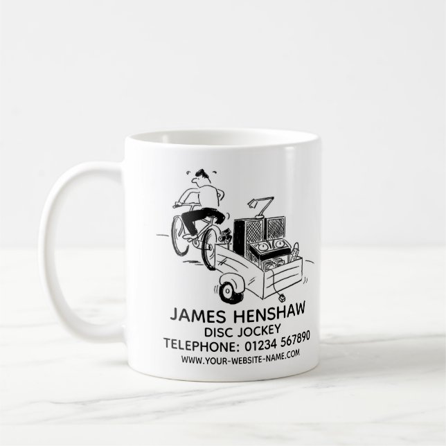 Werbung für Disk Jockey Entertainment Services Kaffeetasse (Links)