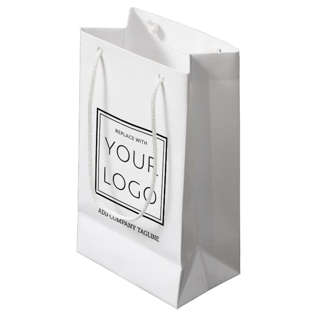 Werbung für einfaches Firmenlogo Kleine Geschenktüte (Vorderseite Schrägansicht)