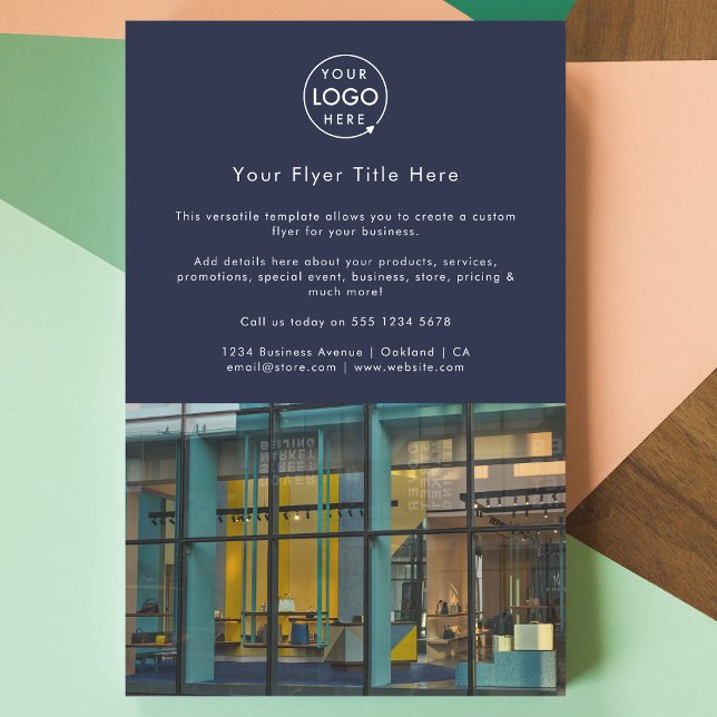 Werbung für Firmenlogo | Navy Blue Modern Foto Flyer (Upload your logo and photo for a polished professional marketing flyer)