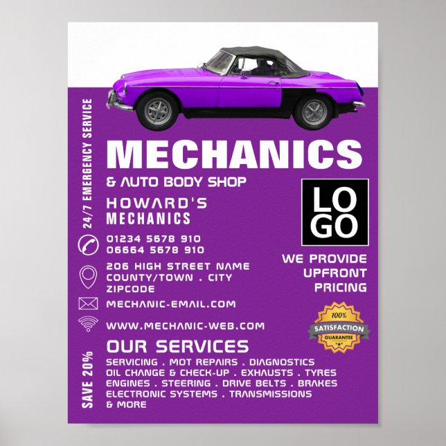 Werbung für klassische Fahrzeuge, Auto und Reparat Poster (Vorne)