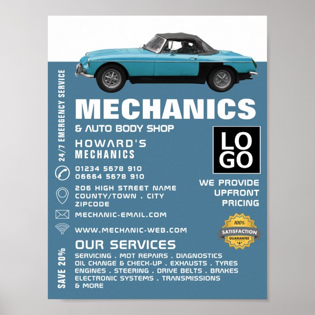 Werbung für klassische Fahrzeuge, Auto und Reparat Poster (Vorne)
