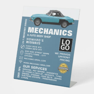 Werbung für klassische Fahrzeuge, Auto und Reparat Sockelschild