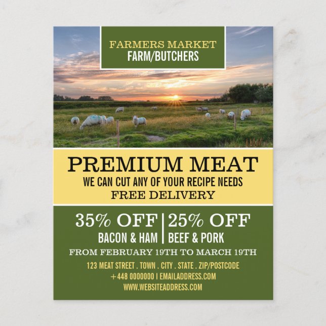Werbung für Schafe in Feld, Bauer und Metzger Flyer (Vorne)
