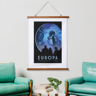 Werbung für Sci-Fi-Reisen, Mond Europa Wandteppich Mit Holzrahmen