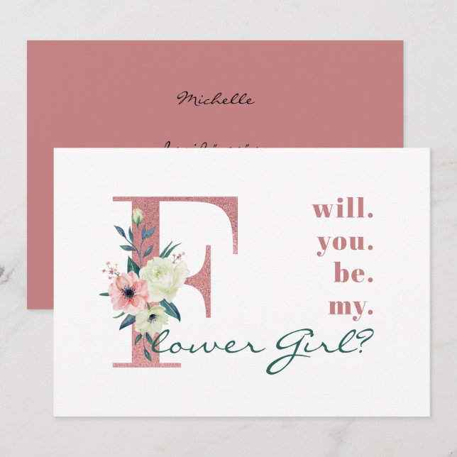 Werden Sie mein Blumenmädchen, rosa Blumenschrift? Einladung (Vorne/Hinten)