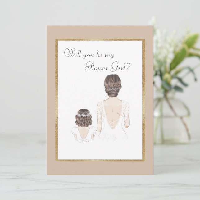 Werden Sie mein Blumenmädchen sein Gold Einladung (Stehend Vorderseite)