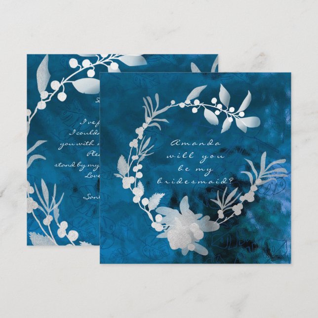 Werden Sie mein Bridesmaid Blue Glass Grau Kranz? Einladung (Vorne/Hinten)