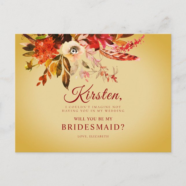 Werden Sie mein Bridesmaid-Herbst, florales Gold Postkarte (Vorderseite)