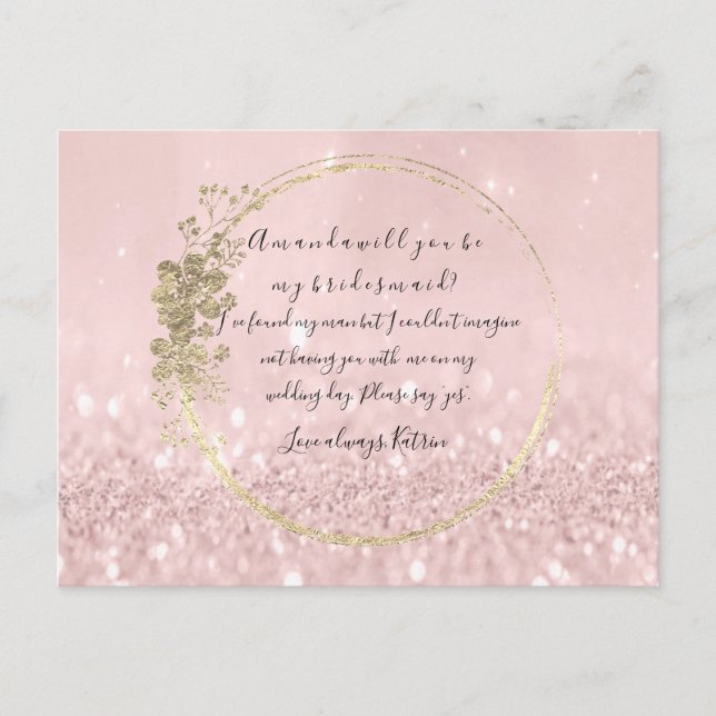 Werden Sie mein Bridesmaid Pink Blush Gold Glitzer Einladungspostkarte (Vorderseite)