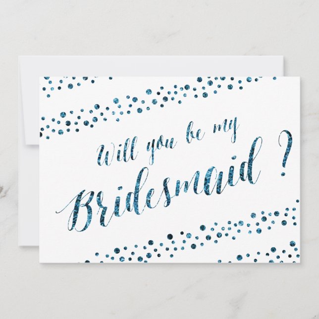 Werden Sie mein Bridesmaid White Blue Glitzer sein Einladung (Vorderseite)