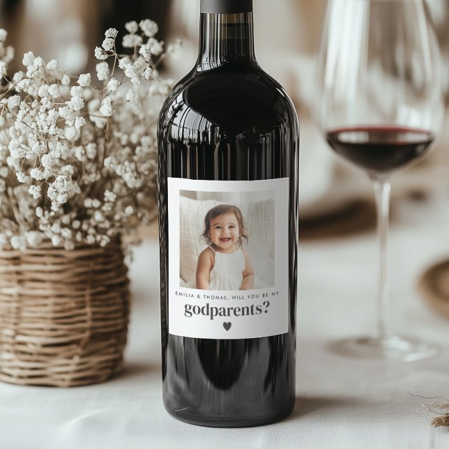 Werden Sie mein Foto sein? Weinetikett (Zazzle Will You Be My Godparents Photo Proposal Wine Label)
