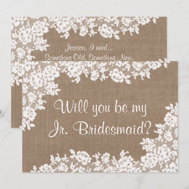 Werden Sie mein Jr. Bridesmaid Rustic Burlap & Lac Einladung (Vorne/Hinten)