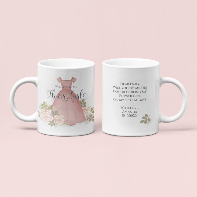 Werden Sie meine Blume Mädchen Blush Wasserfarbe? Kaffeetasse (Will you be my flower girl proposal mug with pink dress watercolor and personalized message.)