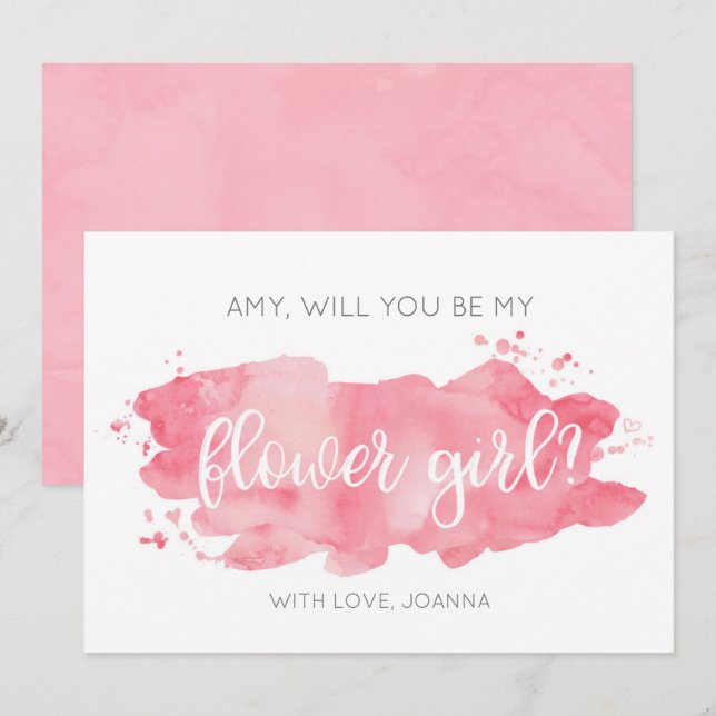 Werden Sie meine Blumenmädchen-Aquarellpinke-Karte Einladung (Vorne/Hinten)