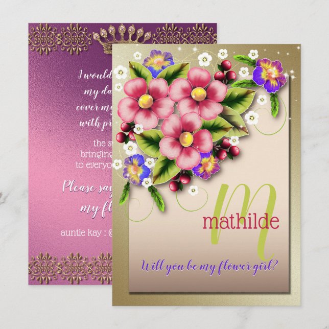 Werden Sie meine Blumenmädchen Jewel Floral Weddin Einladung (Vorne/Hinten)