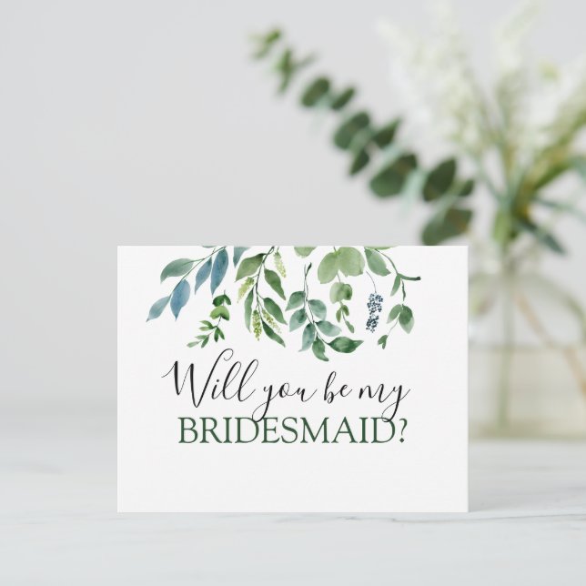Werden Sie meine botanische Bridesmädchengrüne sei Ankündigungspostkarte (Stehend Vorderseite)