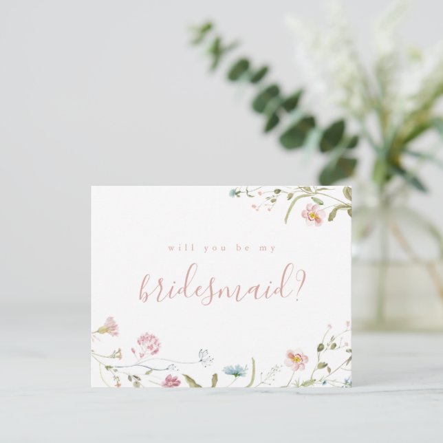 Werden Sie meine Brautjungfrau Elegante Wildblume  Einladung (Stehend Vorderseite)