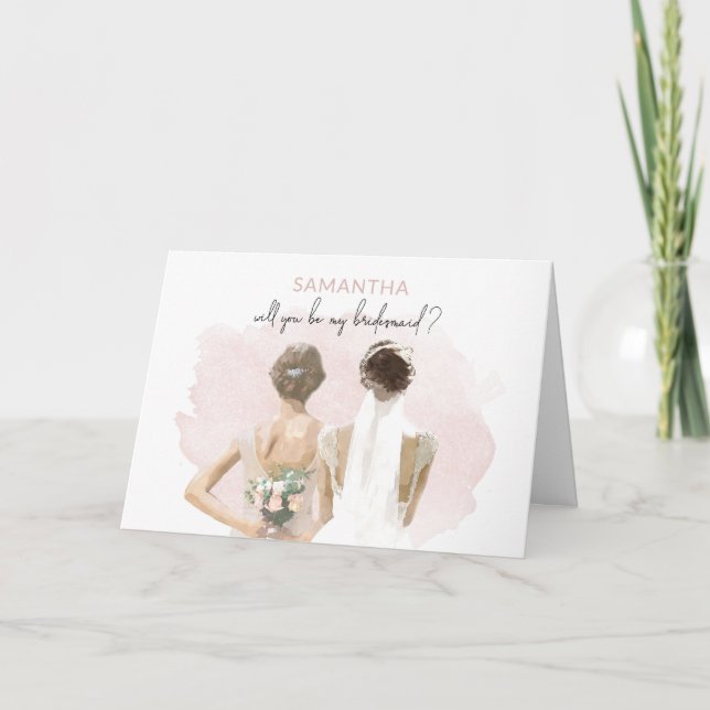 Werden Sie meine Bridesmädchen rosa Aquarellbraun  Karte (Vorderseite)
