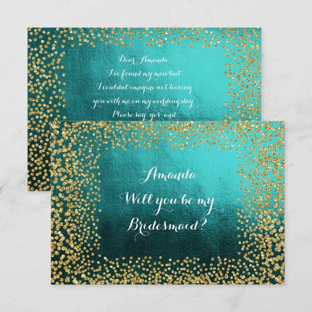 Werden Sie meine Bridesmaid Aquamarin Vip Gold Con Einladung (Vorne/Hinten)