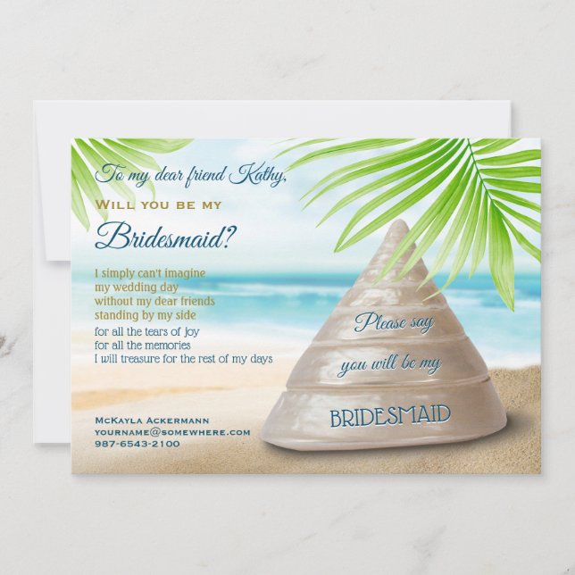 Werden Sie meine Bridesmaid Beach Wedding Seashell Einladung (Vorderseite)
