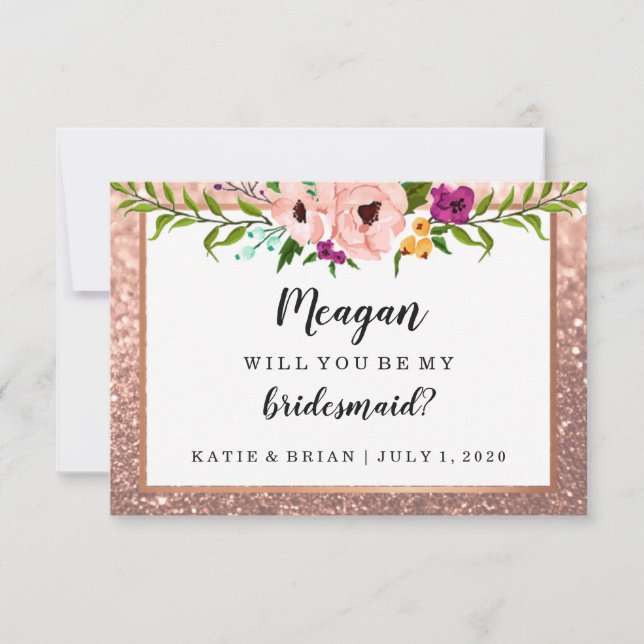 Werden Sie meine Bridesmaid Blume Glitzer Rose Gol Einladung (Vorderseite)