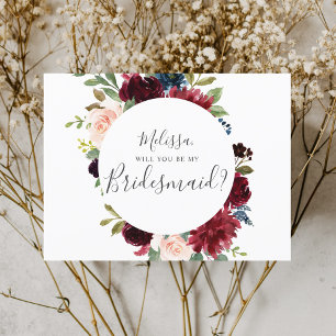 Werden Sie meine Bridesmaid Burgundy Blue Floral? Einladungspostkarte